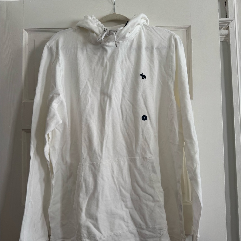 Abercrombie & Fitch White Hooded Sweatshirt with Navy Moose Logo
